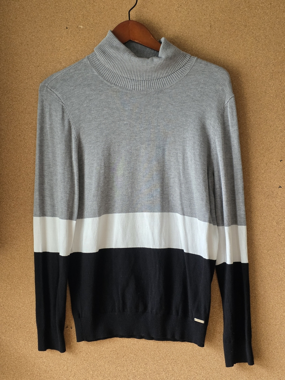 Calvin Klein Colorblock Mock Neck Sweater L Gray White Black Rayon Nylon